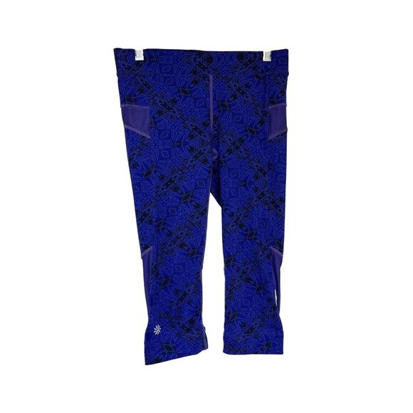 Athleta XS Blue Printed Capri Leggings With Back Zipper Pocket & Reflective - Picture 1 of 6
